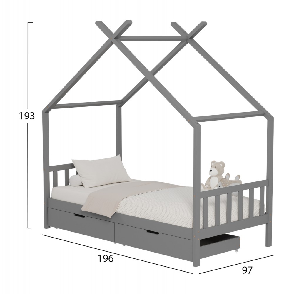 ΚΡΕΒΑΤΙ ΠΑΙΔΙΚΟ KLARICE HM680.05 τ.MONTESSORI-2 ΣΥΡΤΑΡΙΑ- ΞΥΛΟ ΠΕΥΚΟΥ ΓΚΡΙ-190x90εκ