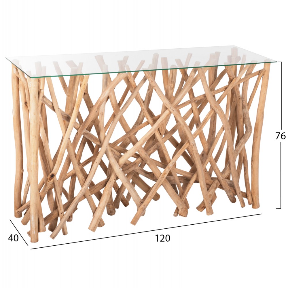 ΚΟΝΣΟΛΑ ΣΕ ΡΟΥΣΤΙΚ ΣΤΥΛ ΜΑΣΙΦ ΞΥΛΟ ΤEAK & ΓΥΑΛΙ ΦΥΣΙΚΟ 120X35X75Yεκ.HM9373