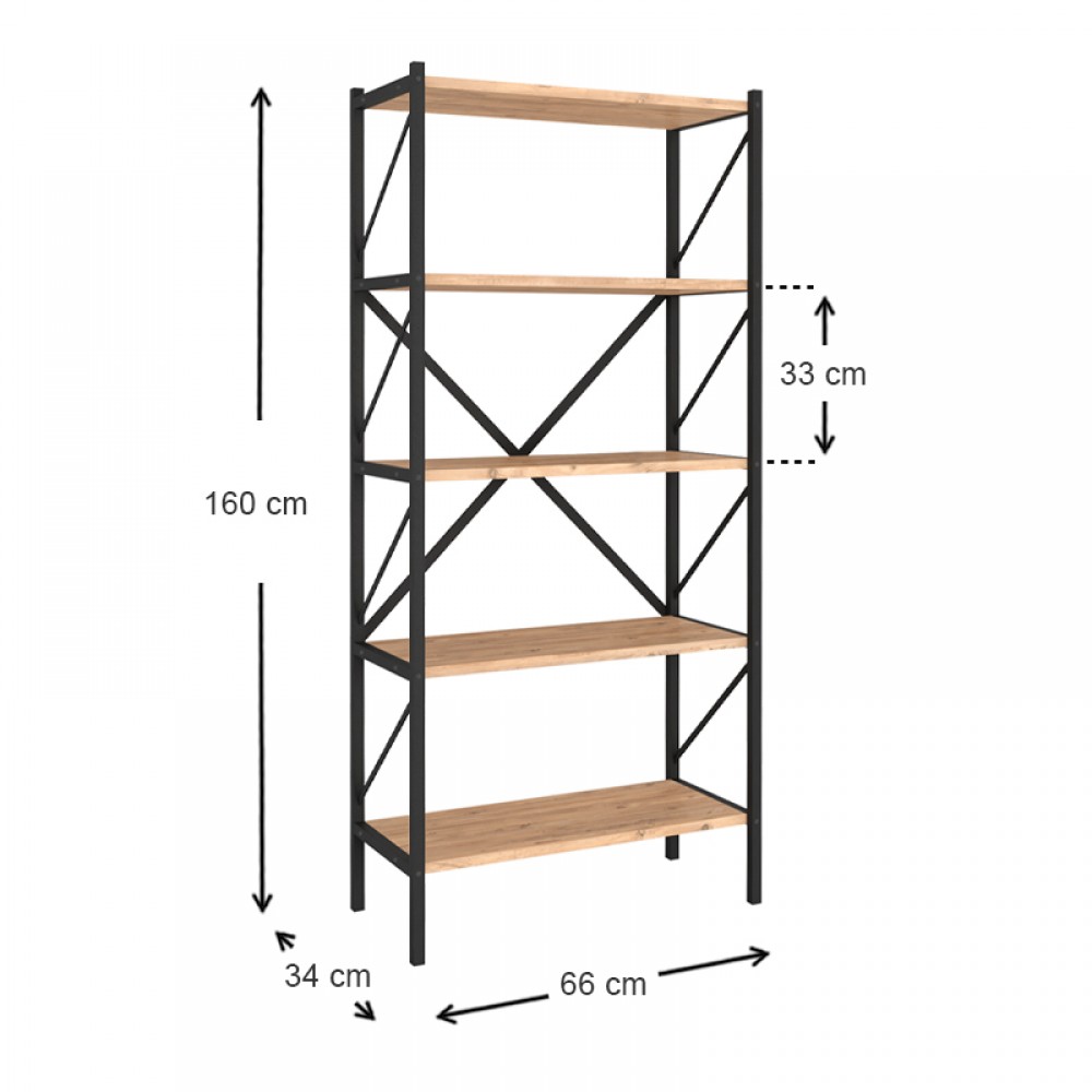 Βιβλιοθήκη Jocasta Megapap μεταλλική - μελαμίνης χρώμα pine oak 66x34x160εκ.