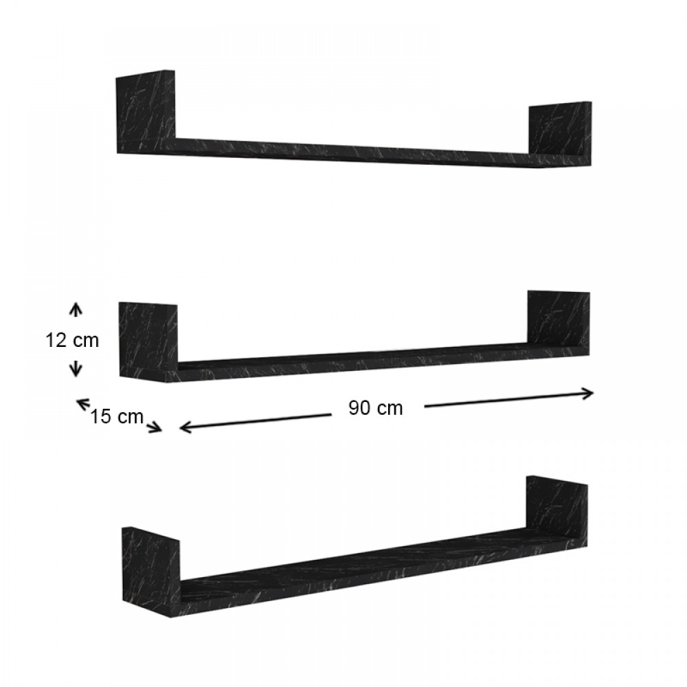 Ραφιέρα τοίχου Tyrion Megapap 3 τεμαχίων από μελαμίνη χρώμα μαύρο εφέ μαρμάρου 90x15x12εκ.