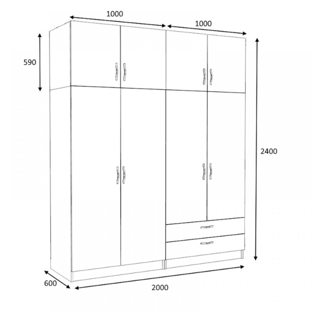 Ντουλάπα ρούχων Victoria Megapap τετράφυλλη με πατάρι και συρτάρια χρώμα καρυδί 200x60x240εκ.