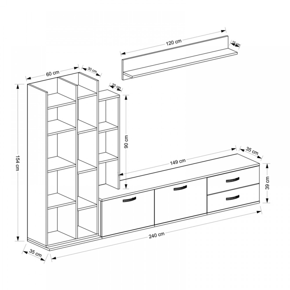 Σύνθεση σαλονιού Leman pakoworld σε λευκή-oak απόχρωση 240x35x154εκ