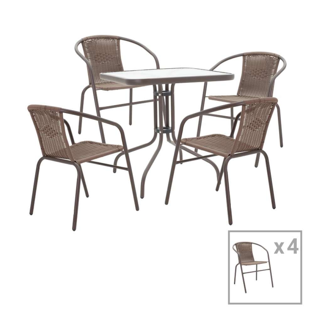 Tραπεζαρία Obbi-Watson pakoworld σετ 5τεμ καφέ μέταλλο-pe rattan 80x80x70εκ