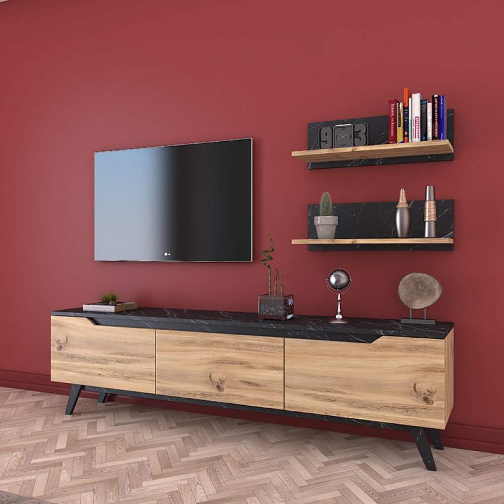 Σύνθετο σαλονιού Kasia pakoworld oak-μαύρο μαρμάρου 180x35x48,5εκ