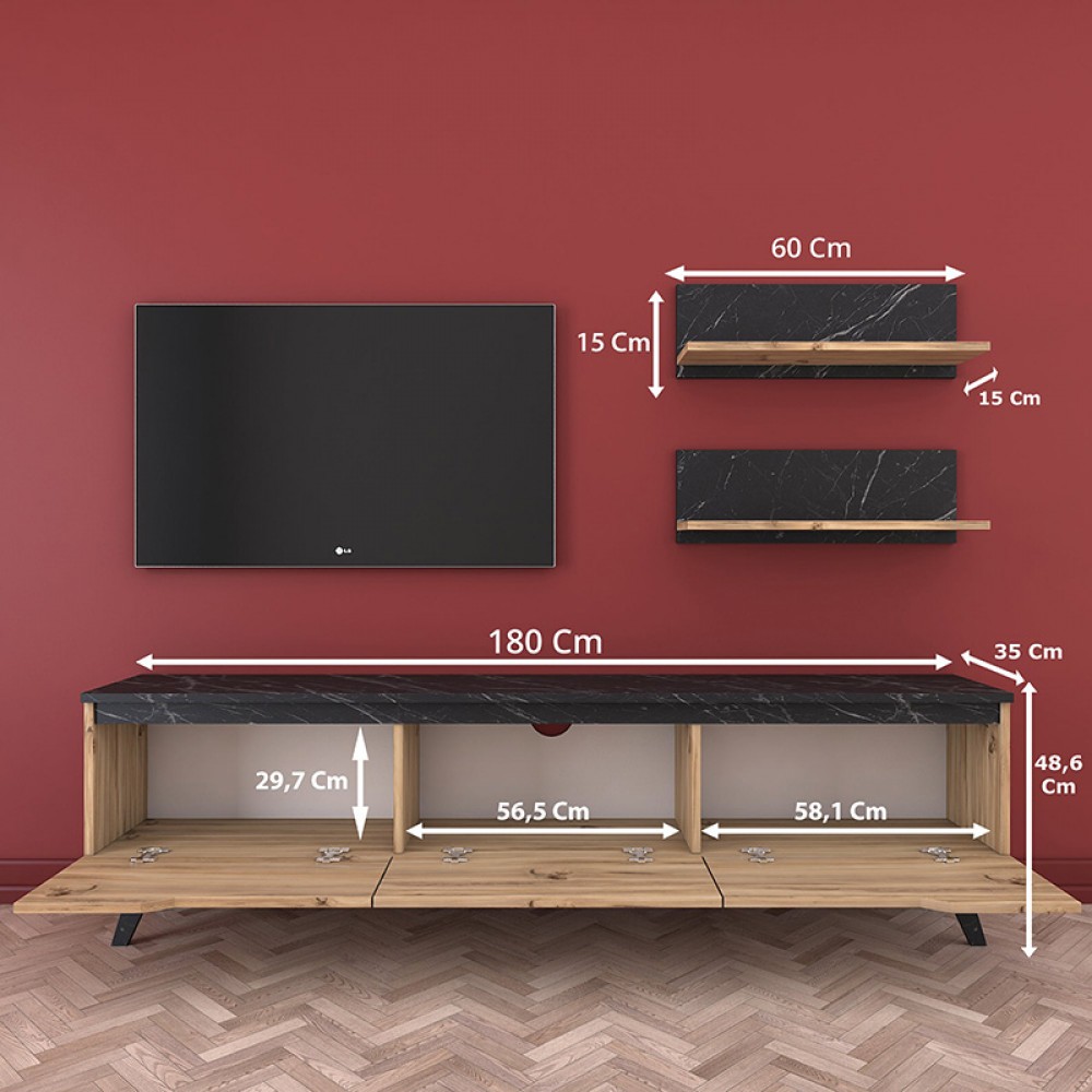 Σύνθετο σαλονιού Kasia pakoworld oak-μαύρο μαρμάρου 180x35x48,5εκ