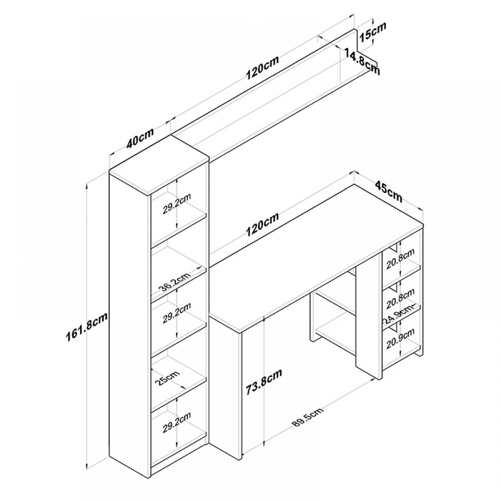 Γραφείο με βιβλιοθήκη Goldie pakoworld ανθρακί-φυσικό 160x45x161.8εκ