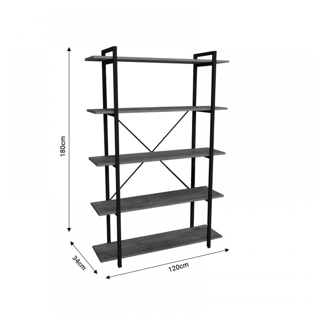 Βιβλιοθήκη Reson pakoworld oak μελαμίνης-μαύρο μέταλλο 120x34x180εκ