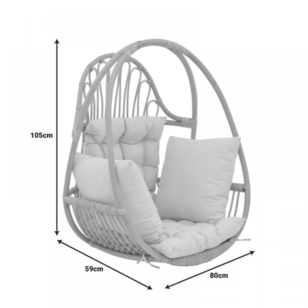 Κρεμαστή κούνια Jorg pakoworld φυσικό rattan-κρεμ μαξιλάρι 80x59x105εκ